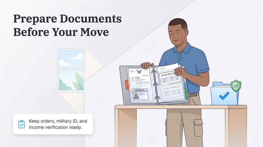 A man organizing military ID, orders, and income verification documents in a binder.