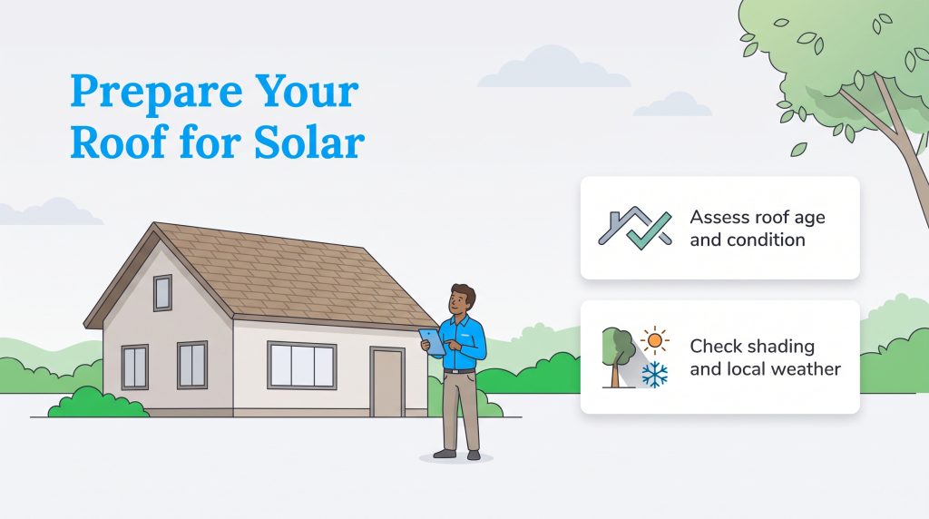 Graphic checklist for preparing a house roof for solar panel installation.