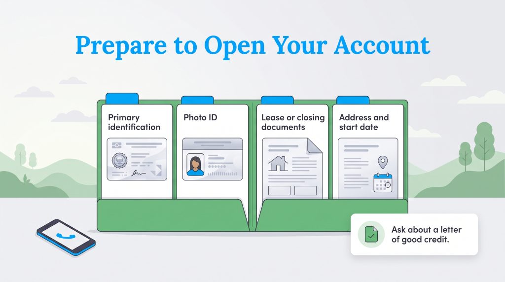 Four document folders showing requirements to open a new utility account.
