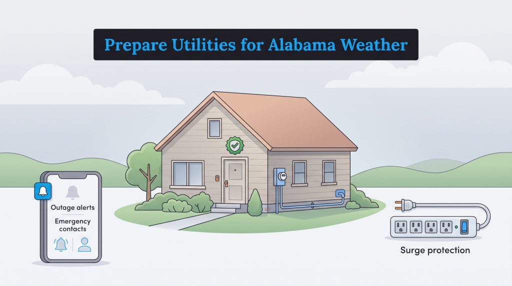 Illustration of a house with phone utility alerts and a surge protector