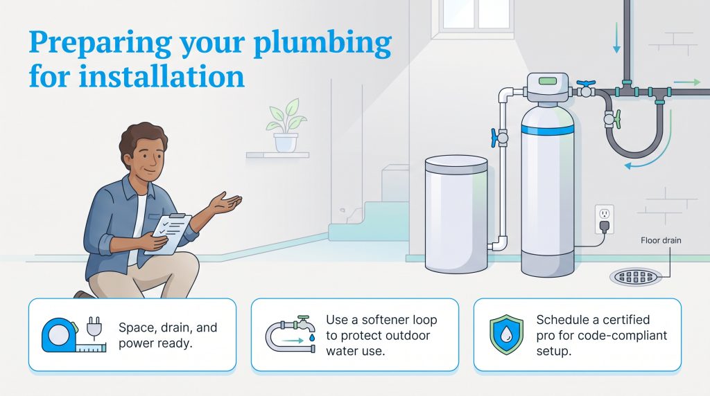 Illustration of a home water softener system setup with key installation requirements