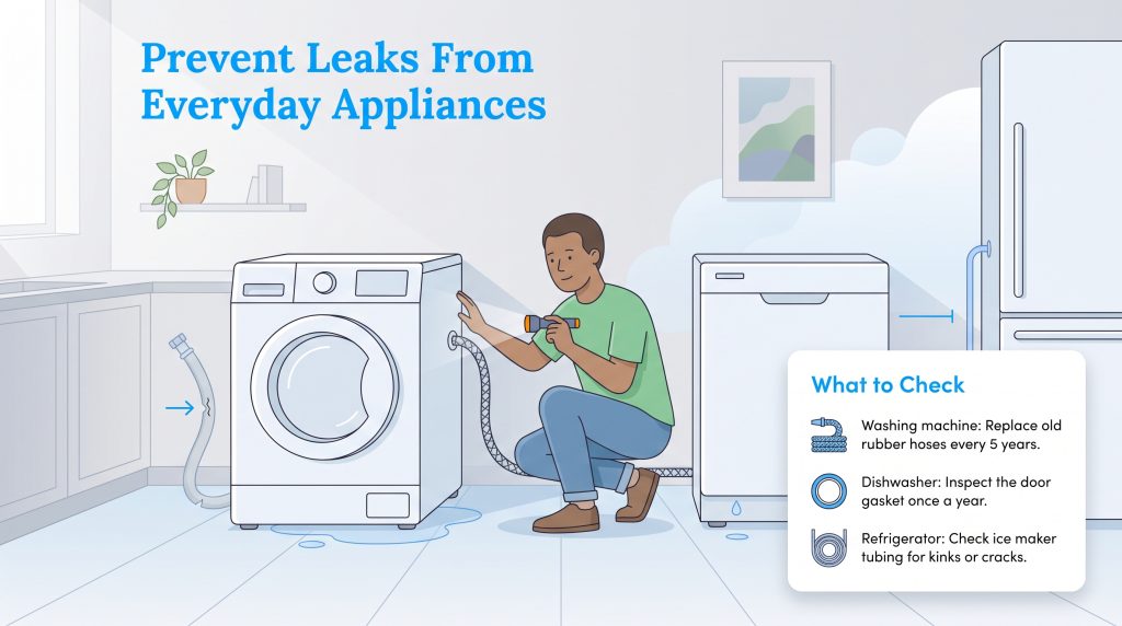An illustration of a man using a flashlight to inspect home appliances for water leaks