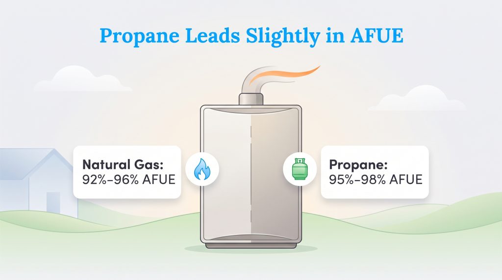 Graphic comparing furnace efficiency: Natural Gas at 92-96% AFUE versus Propane at 95-98% AFUE.