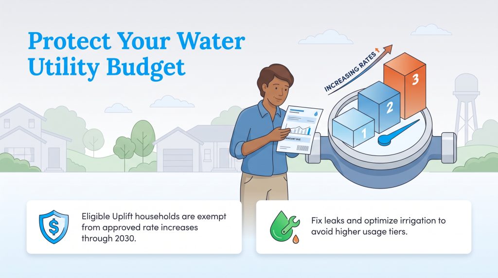 Illustration of a person reviewing a water bill next to a water meter showing tier rates