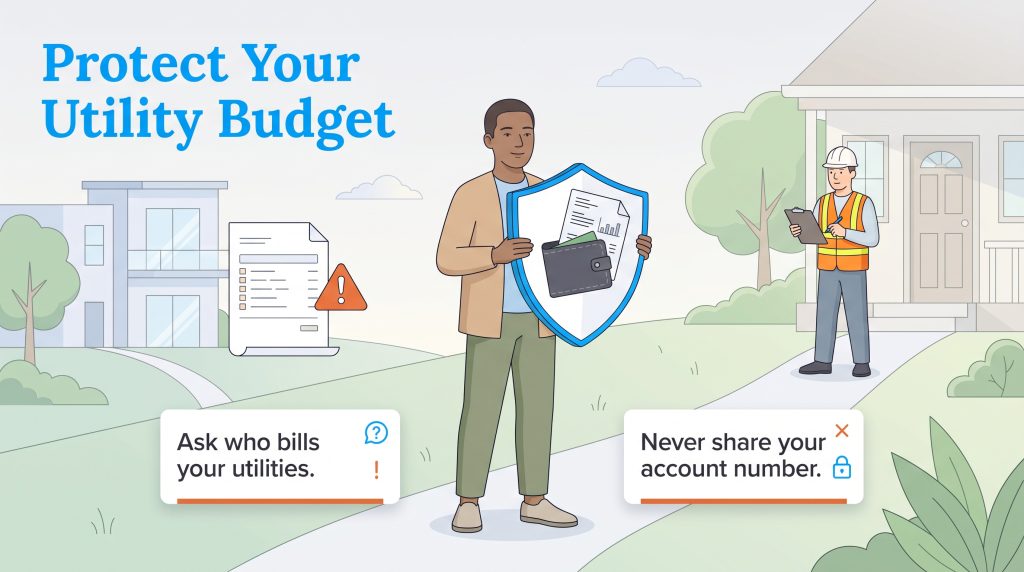 Illustration with tips to protect your utility budget from submetering and door-to-door scams.