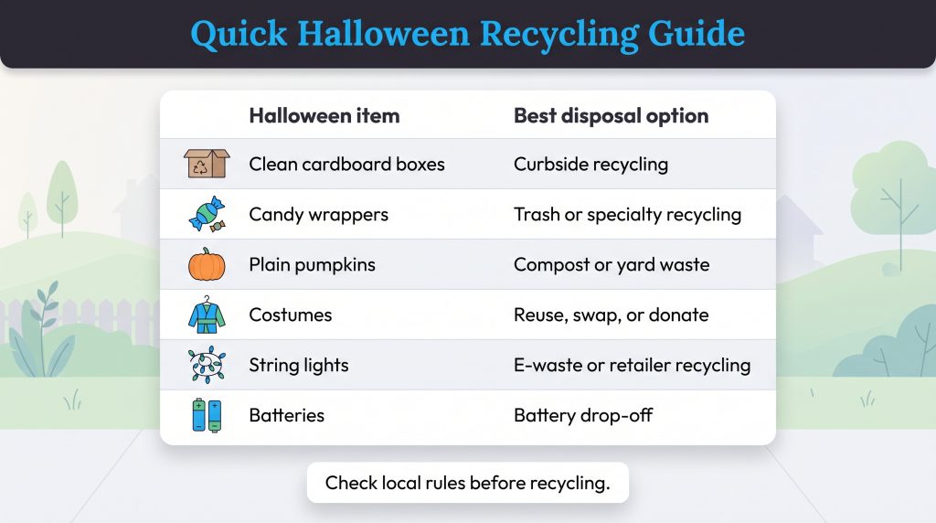 A guide showing disposal options for Halloween items like candy wrappers, pumpkins, and costumes.