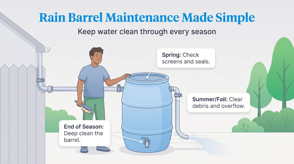 Illustration showing steps to maintain a rain barrel in spring, summer, fall, and end of season.