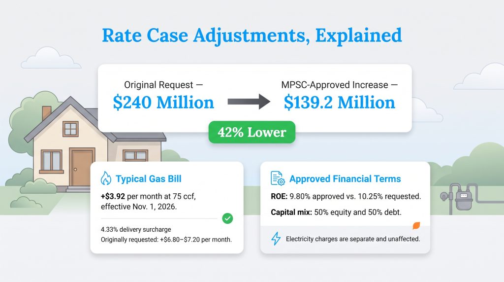 Infographic showing MPSC-approved rate increase reduced by 42 percent to 139.2 million dollars.
