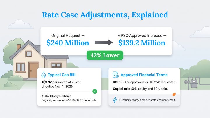 Infographic showing MPSC-approved rate increase reduced by 42 percent to 139.2 million dollars.