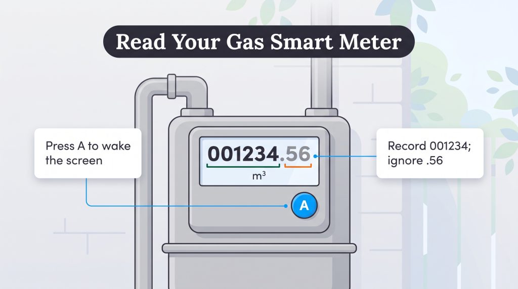Diagram showing how to press button A and read numbers on a gas smart meter display.