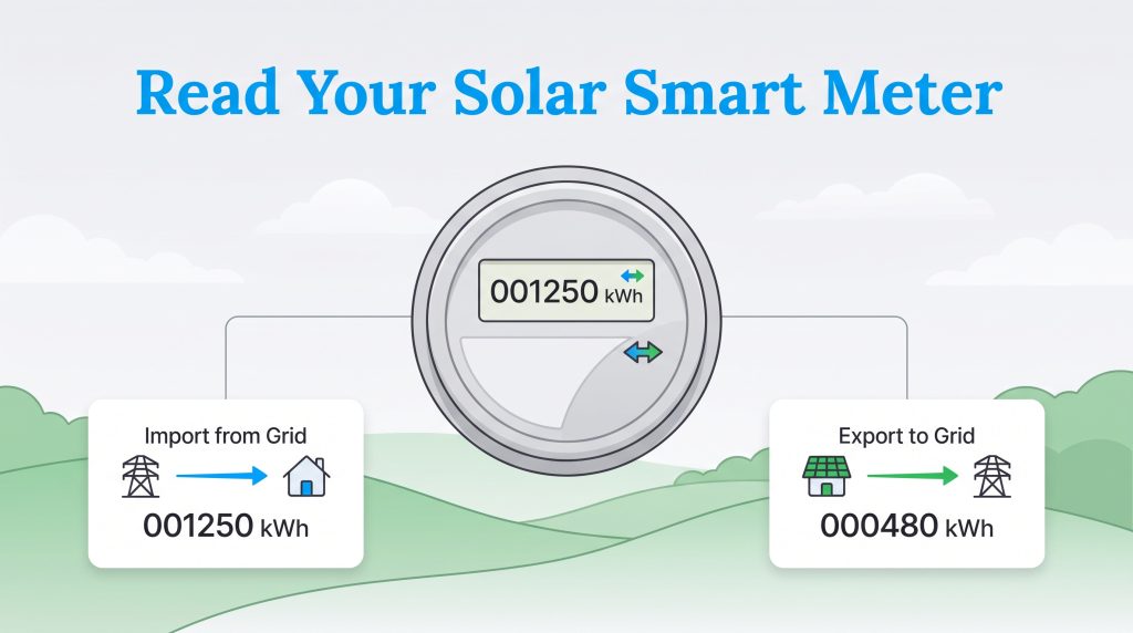 Illustration of a solar smart meter displaying imported and exported energy readings.