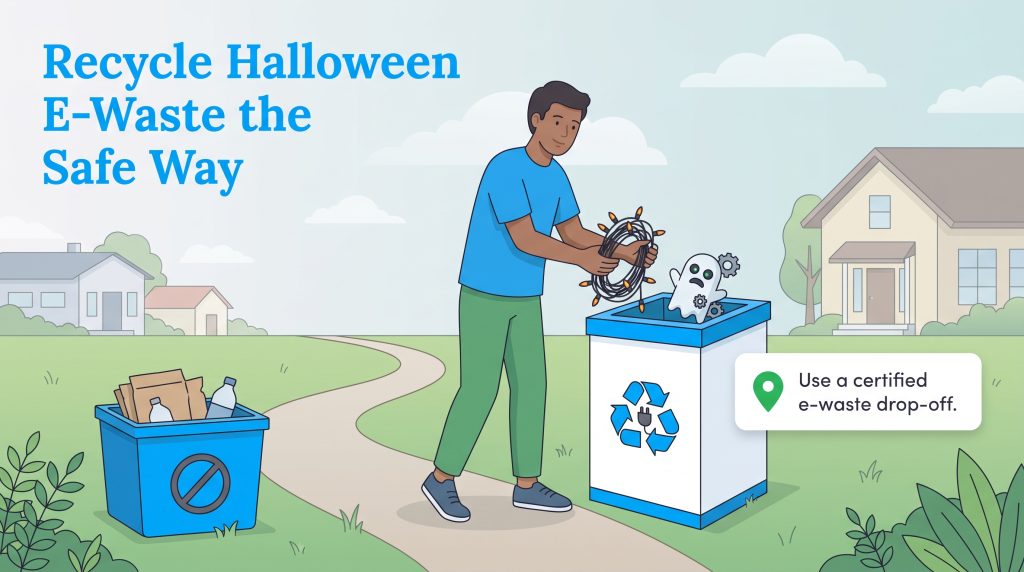A man placing Halloween string lights into a certified e-waste bin instead of standard recycling.