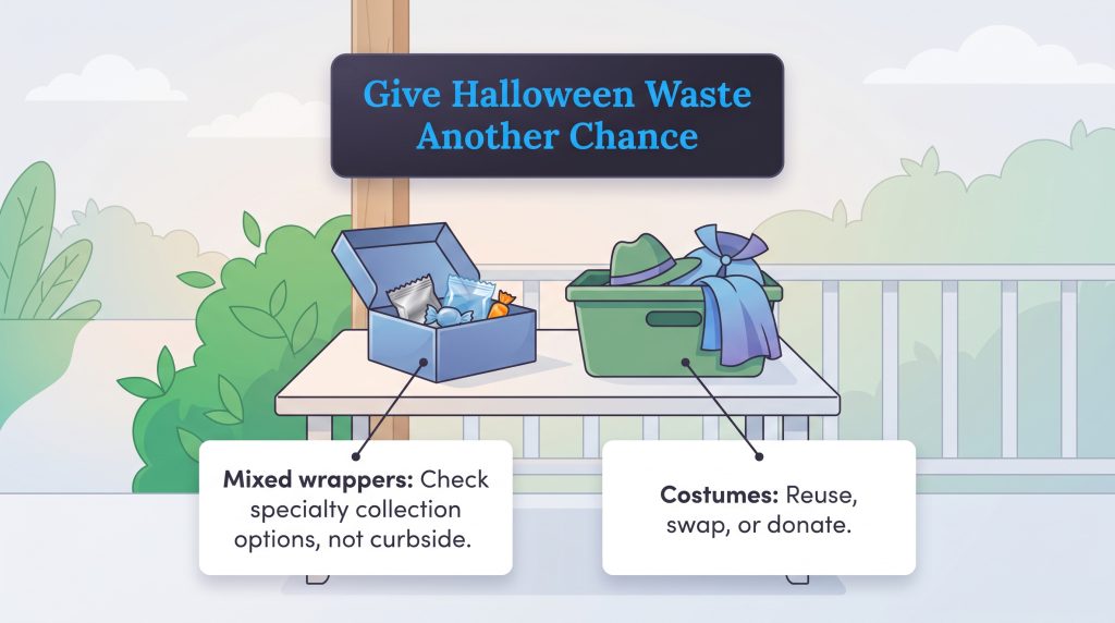 Box of candy wrappers and bin of Halloween costumes on a table with tips for recycling.