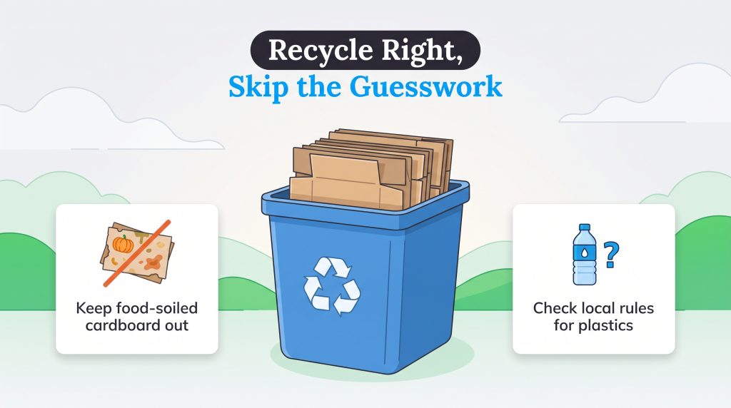 Blue recycling bin filled with flattened cardboard and tips on recycling rules.