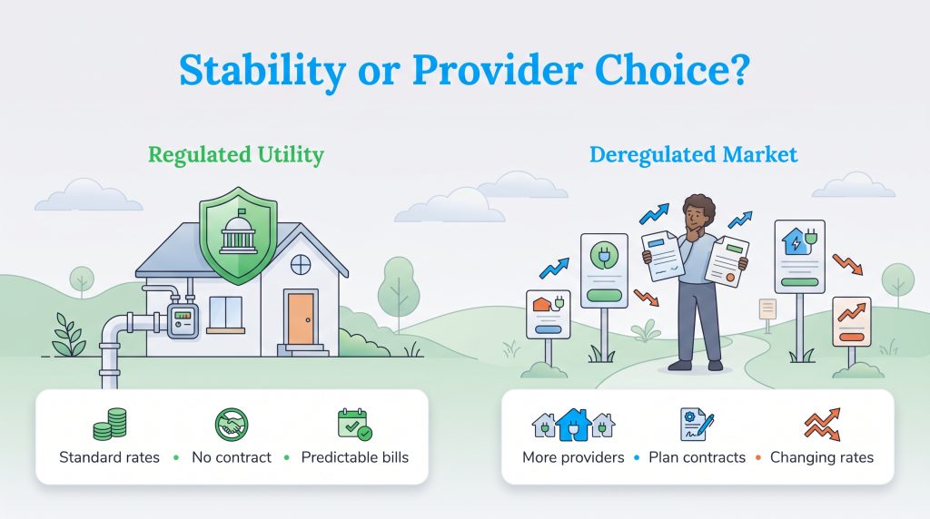 Illustration comparing regulated utility stability with deregulated market provider choices.