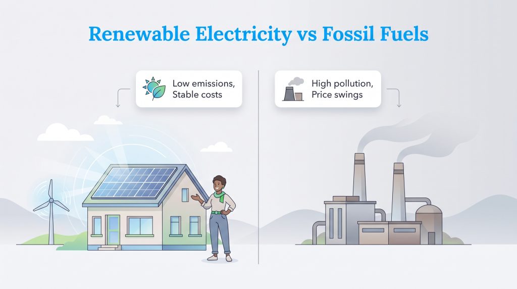 Clean house with solar panels and wind turbine next to a polluting coal power plant.