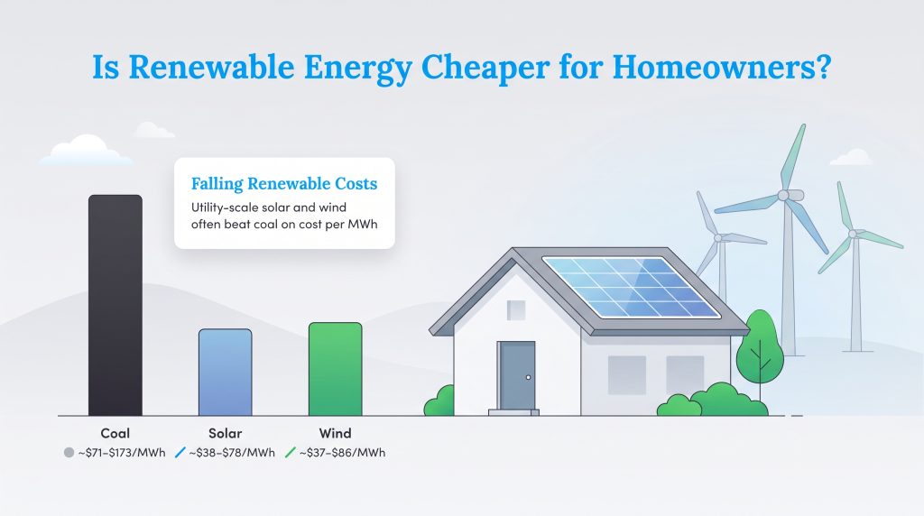 Bar chart showing solar and wind energy costs are significantly lower than coal per MWh.