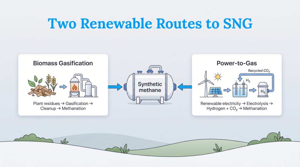 Diagram of biomass gasification and power-to-gas pathways to create synthetic methane.