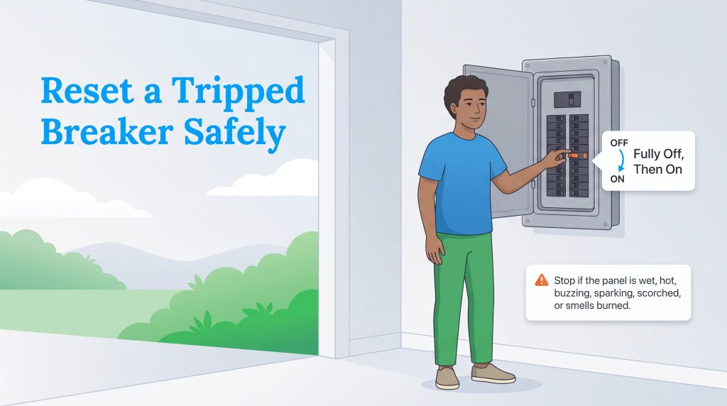 A man resetting a circuit breaker in an electrical panel by flipping the switch.