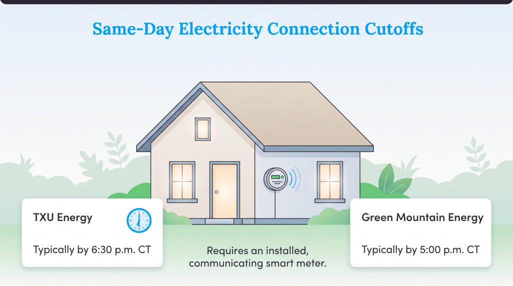 Same day electricity cutoff times for TXU Energy and Green Mountain Energy.