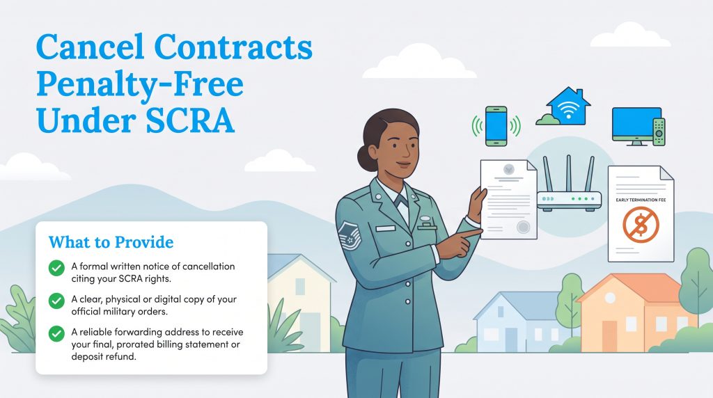 Military member pointing to required documents for cancelling service contracts under SCRA.