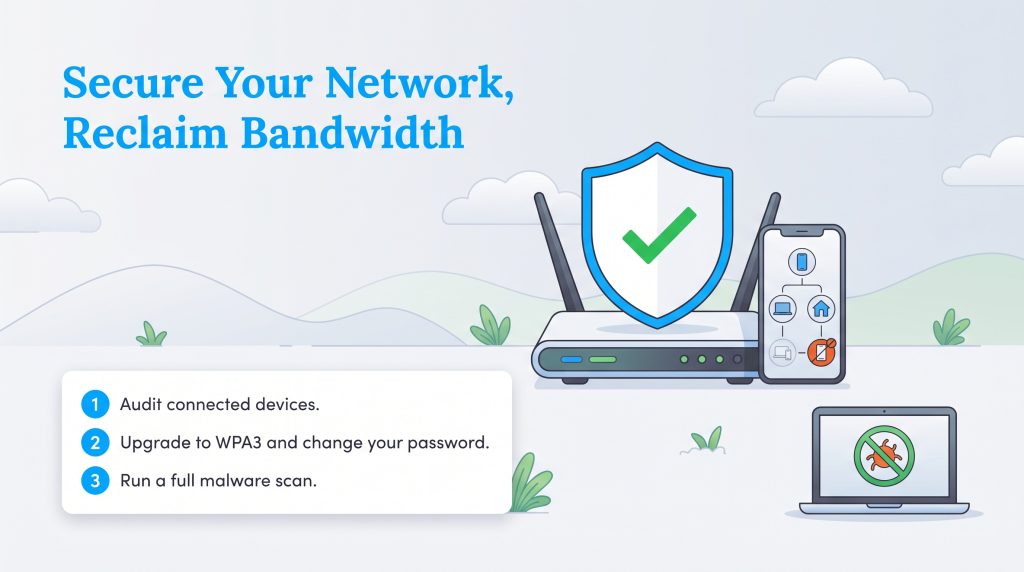 Graphic outlining steps to secure a home Wi-Fi network and reclaim internet speed.