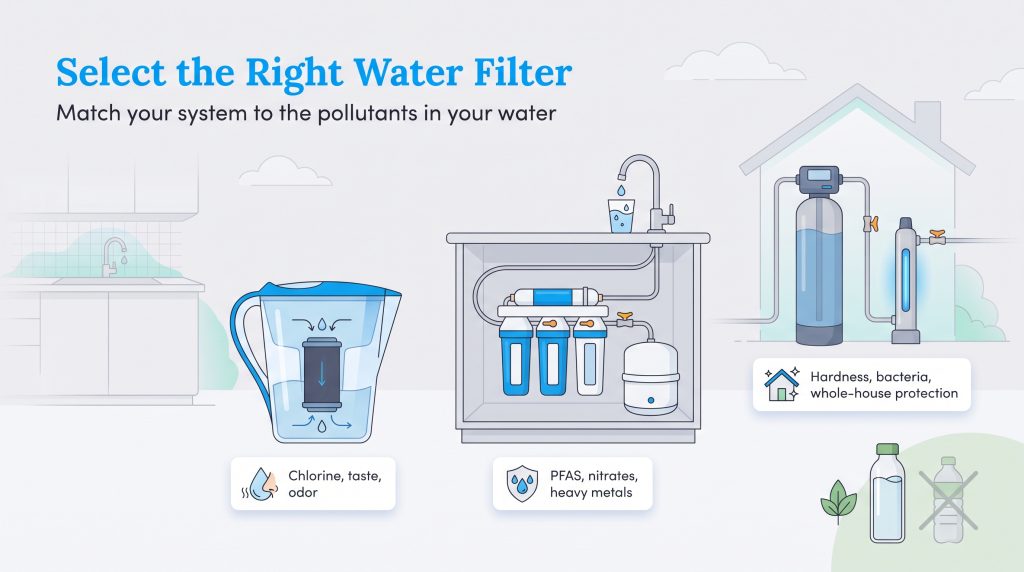 Illustration showing pitcher, under-sink, and whole-house water filters with target pollutants