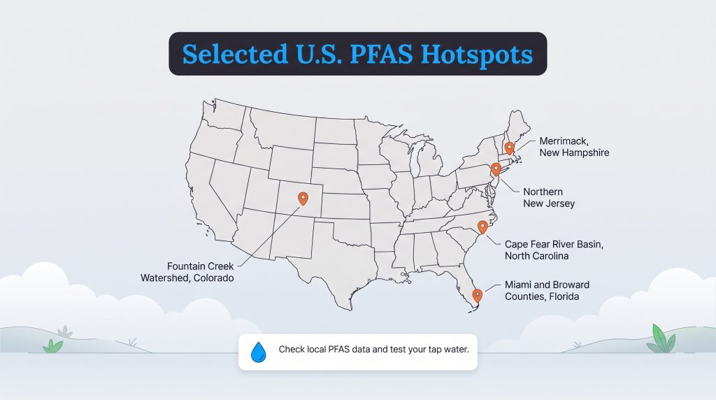 US map highlighting five major PFAS contamination hotspots in NH, NJ, NC, FL, and CO.
