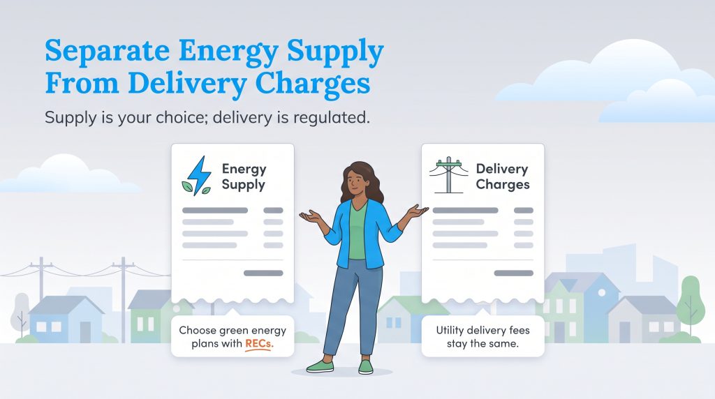 Illustration comparing energy supply choice and regulated utility delivery charges.