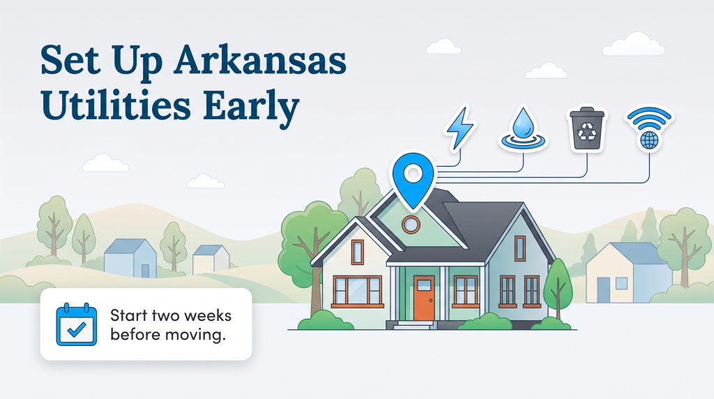 Graphic of a home linked to power, water, trash, and Wi-Fi utility connection icons.