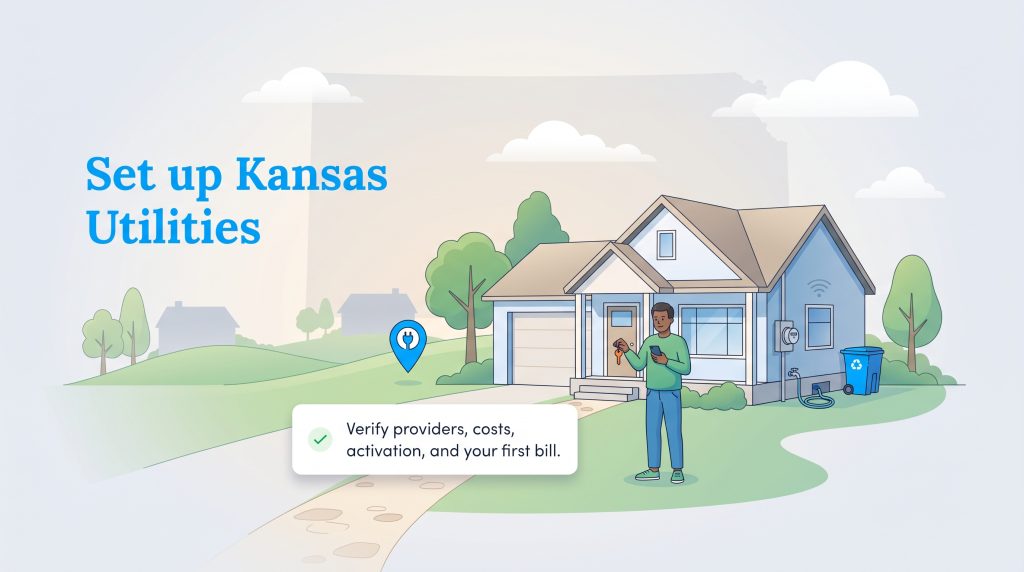Illustration of a man outside a new house with icons for various home utility services.