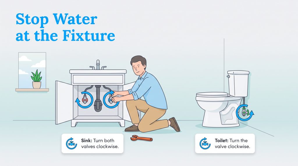 Illustration showing how to turn water shut-off valves clockwise under sinks and behind toilets.