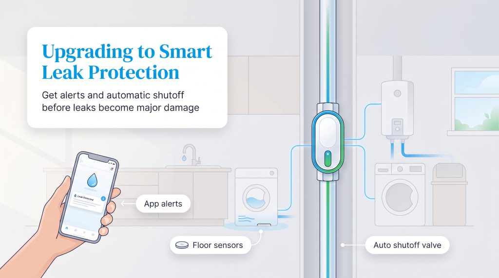 Illustration of a smart leak detection system showing app alerts, floor sensors, and shutoff valve