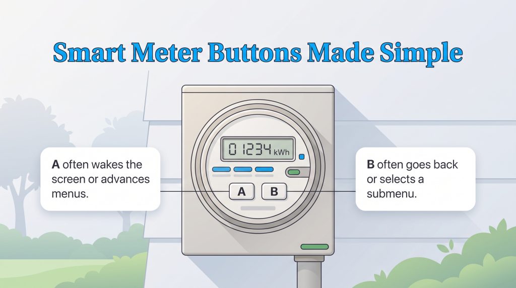 Illustration of a digital smart meter explaining A and B button functions.