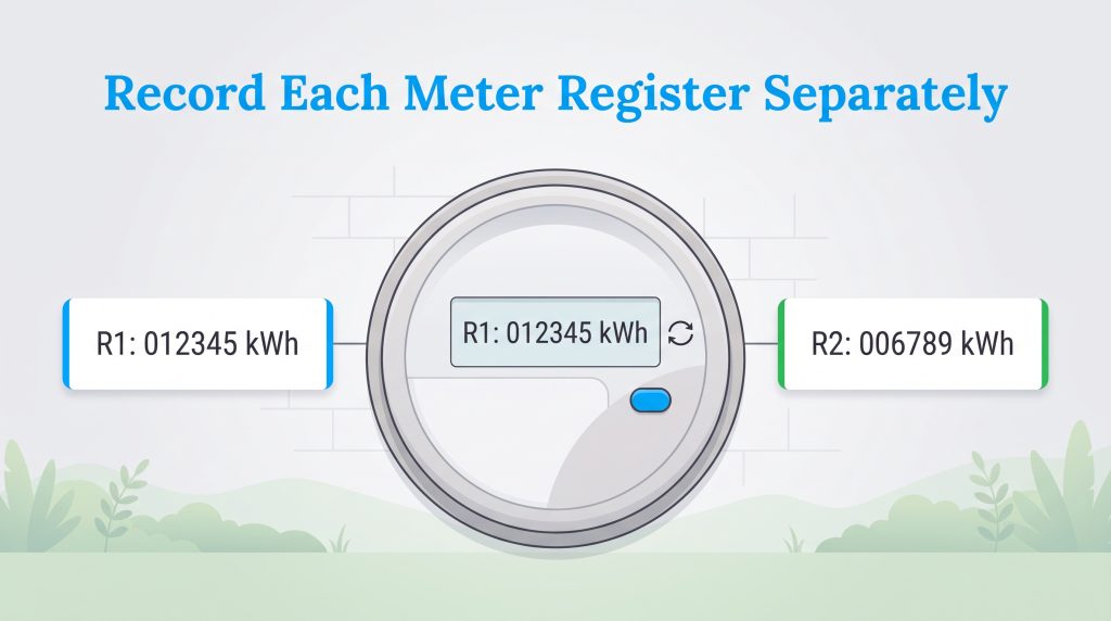 Digital smart meter cycling between Rate 1 and Rate 2 kWh electricity registers.
