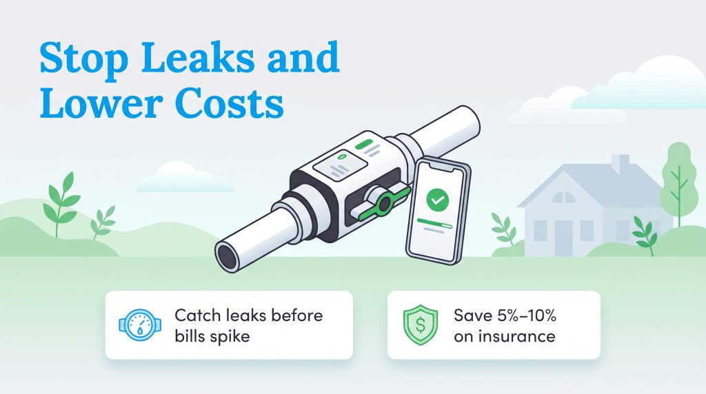 Smart water shutoff valve on a pipe next to a smartphone showing utility and insurance savings