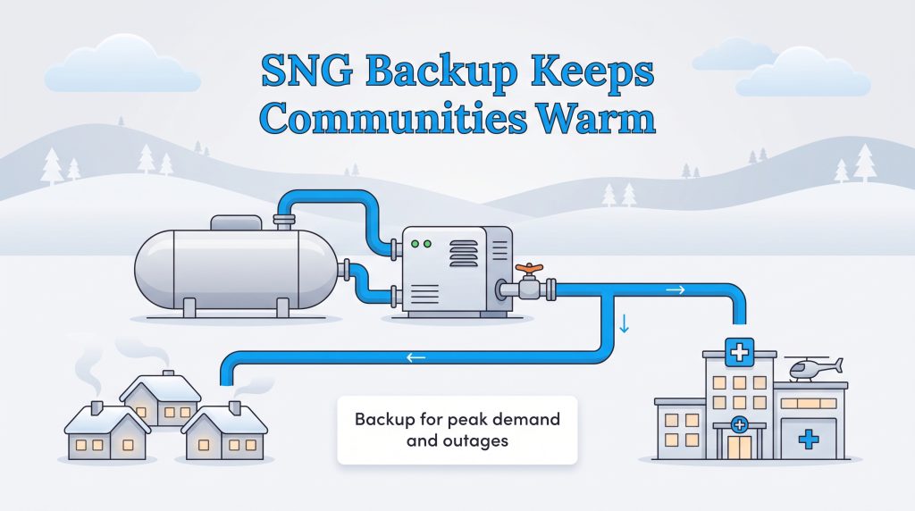 Diagram showing an SNG backup system supplying energy to homes and a hospital.