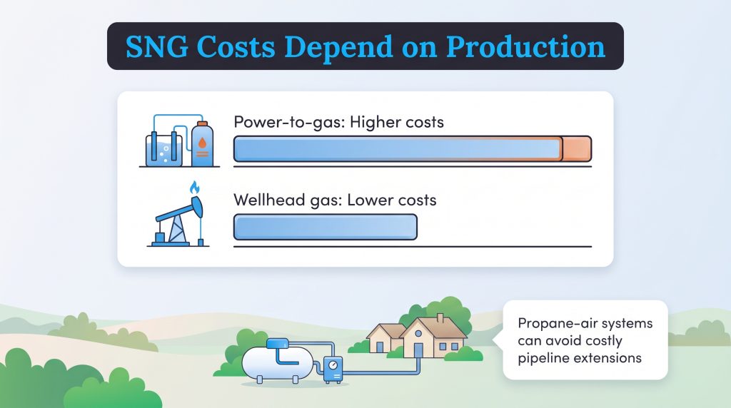Bar chart comparing higher power-to-gas costs to lower wellhead gas costs.