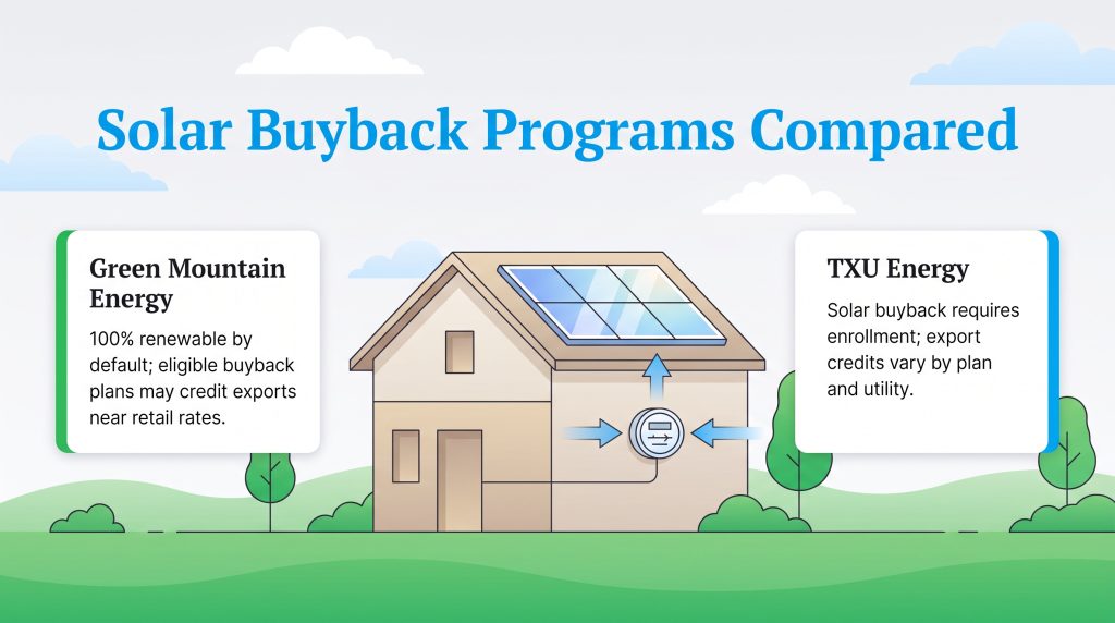 Comparison of Green Mountain Energy and TXU Energy solar buyback programs for Texas homes.