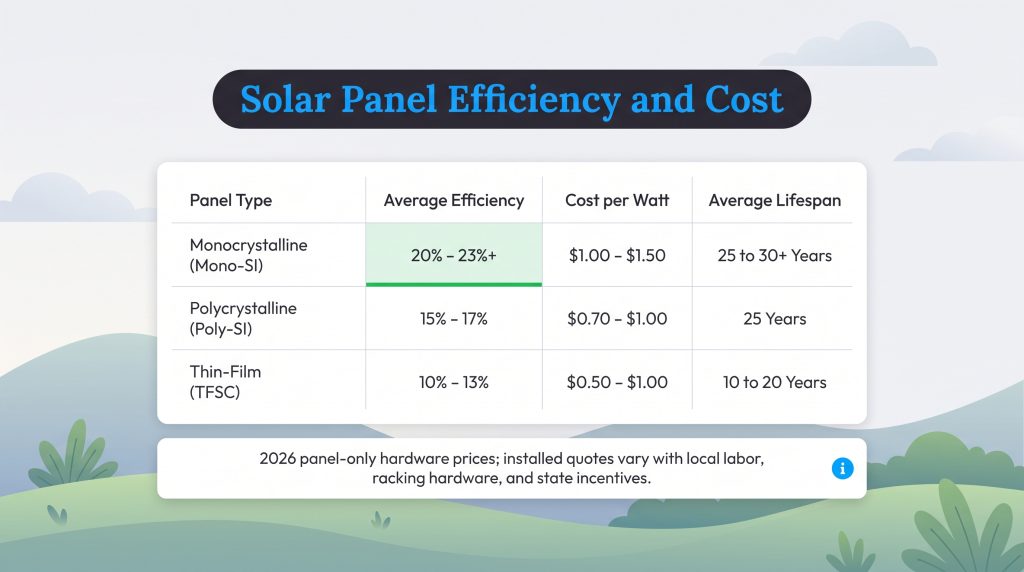 Comparison table of solar panel efficiency, cost, and lifespan by panel type.