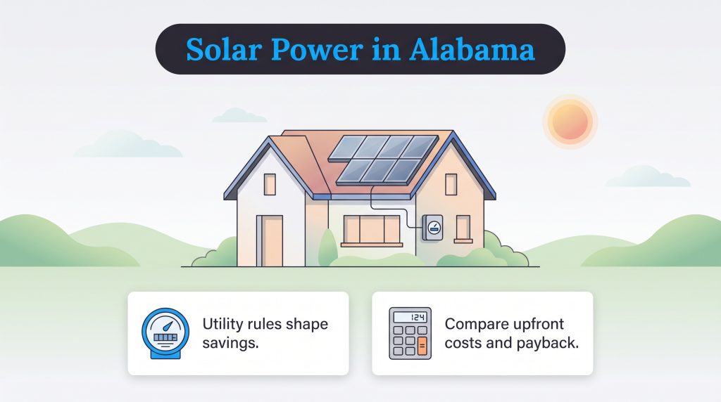An illustrated house with solar panels highlights key tips on utility rules and payback costs.