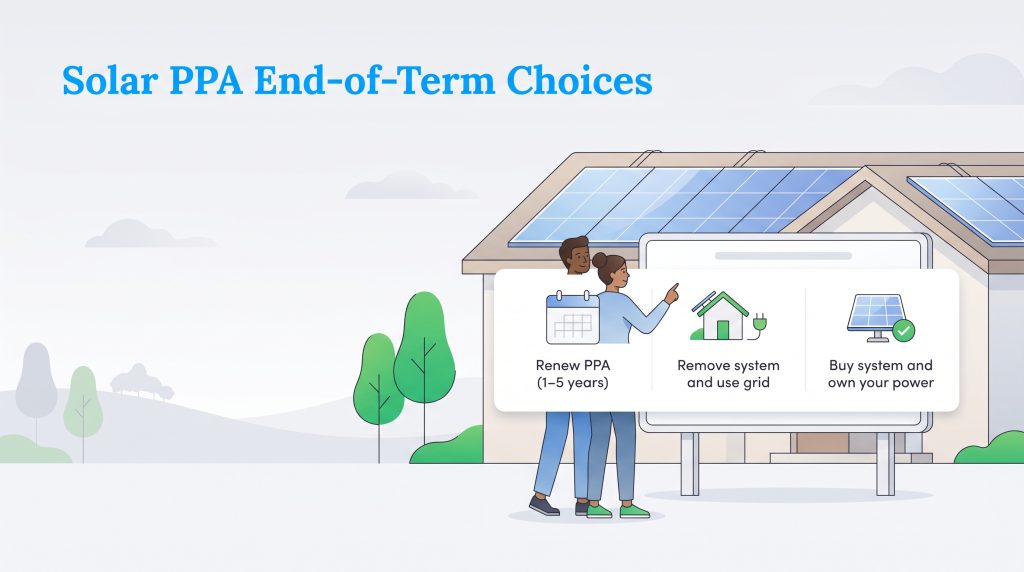 Graphic showing three solar PPA options: renew PPA, remove system, or buy system outright.