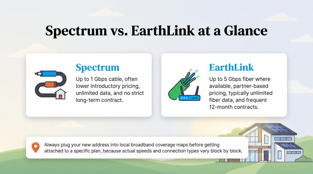 Side-by-side comparison of Spectrum cable and EarthLink fiber internet features.