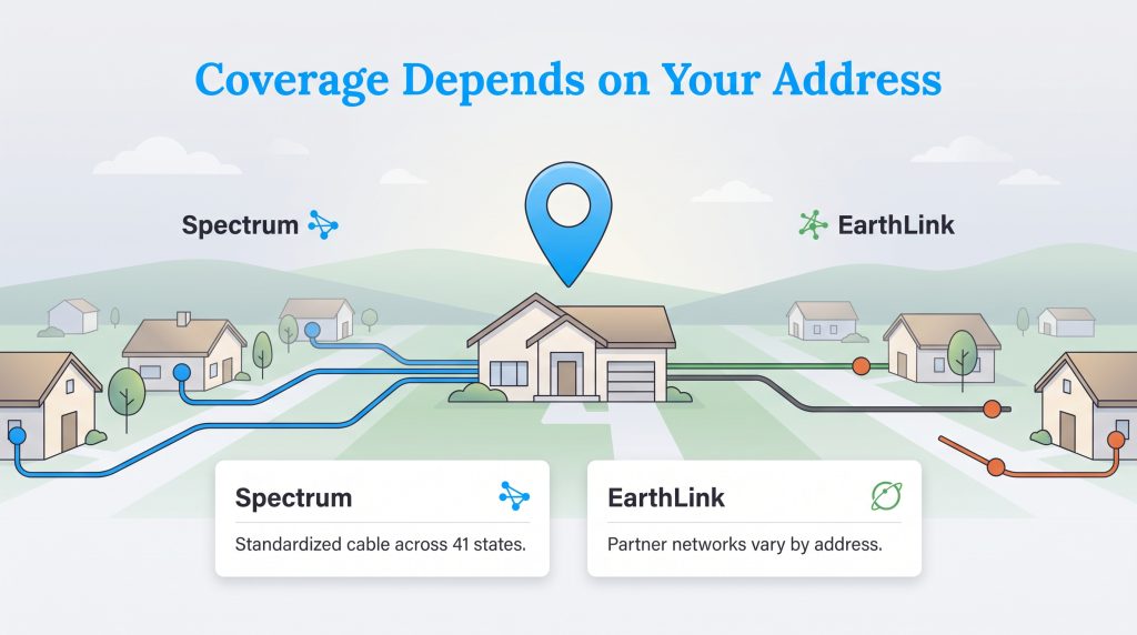 Illustration showing internet coverage differences between Spectrum and EarthLink by address.