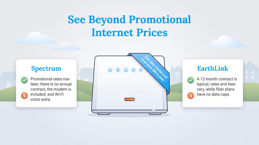 Comparison of Spectrum and EarthLink internet pricing, contracts, and router fees.