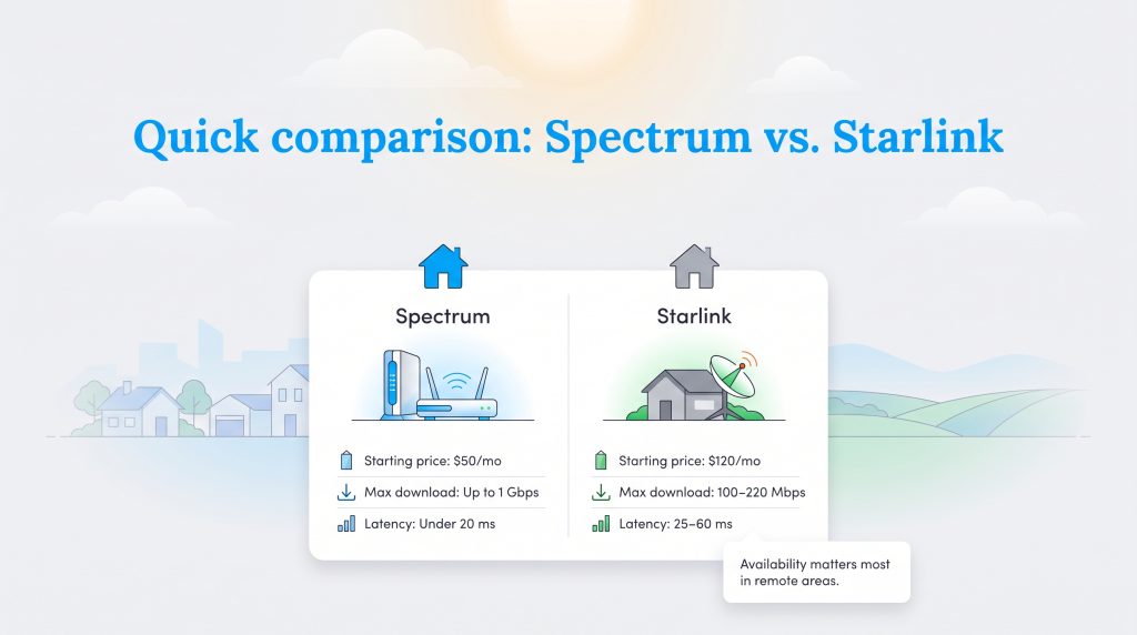 Side-by-side comparison of Spectrum and Starlink price, download speed, and latency.