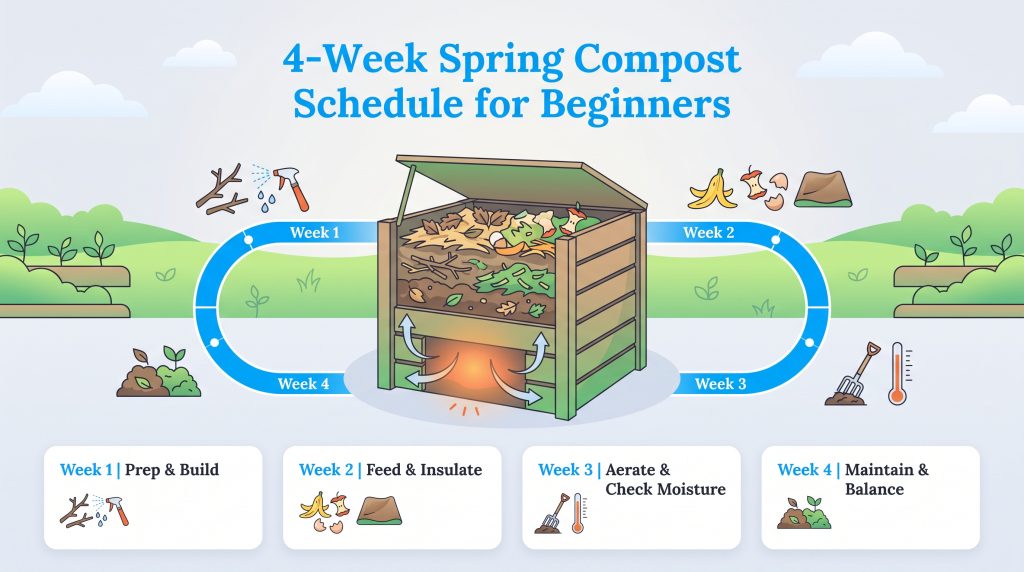 Infographic outlining a four week spring compost schedule with icons and a central compost bin.