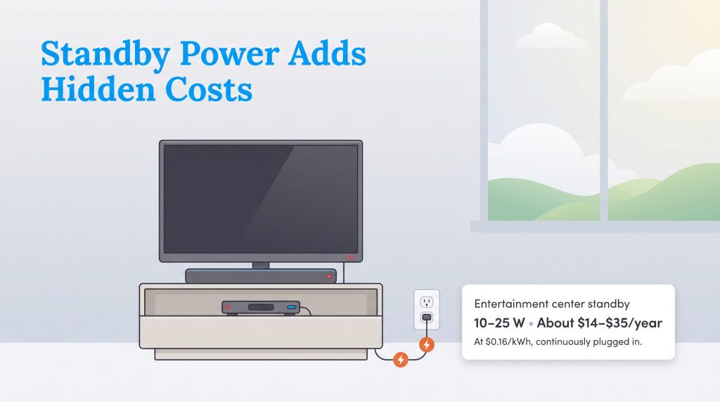 Illustration of an entertainment center plugged in, showing standby power costs.