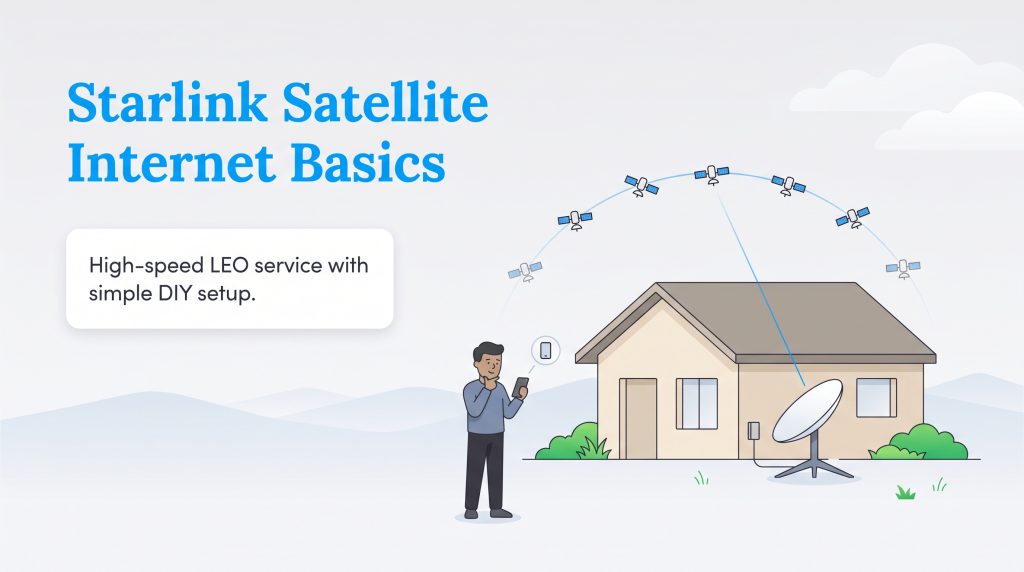 Illustration of a house receiving high-speed internet from low-Earth orbit satellites.