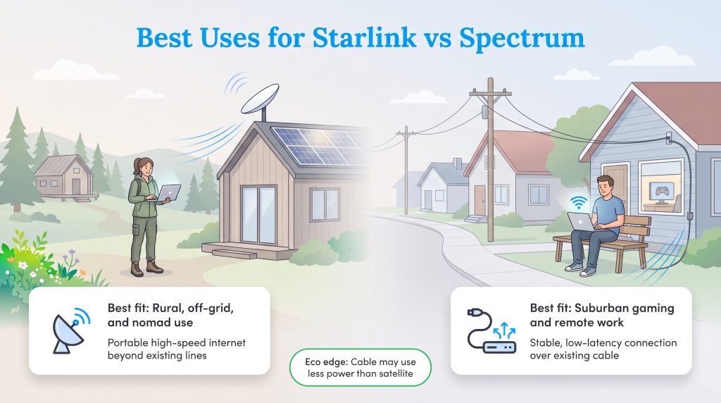 Illustration comparing Starlink rural off-grid use to Spectrum suburban internet use